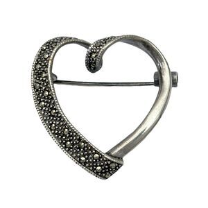 Vintage Sterling Silver Marcasite Heart Brooch